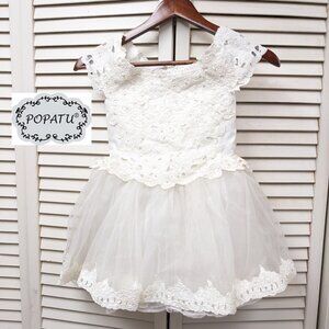 POPATU Embroidered Lace and Pearl Embellished Tulle Flower Girl Dress